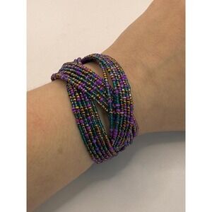 Vintage Multi-Strand Seed Bead Cuff Bracelet – Purple, Teal & Gold Tones Jewelry